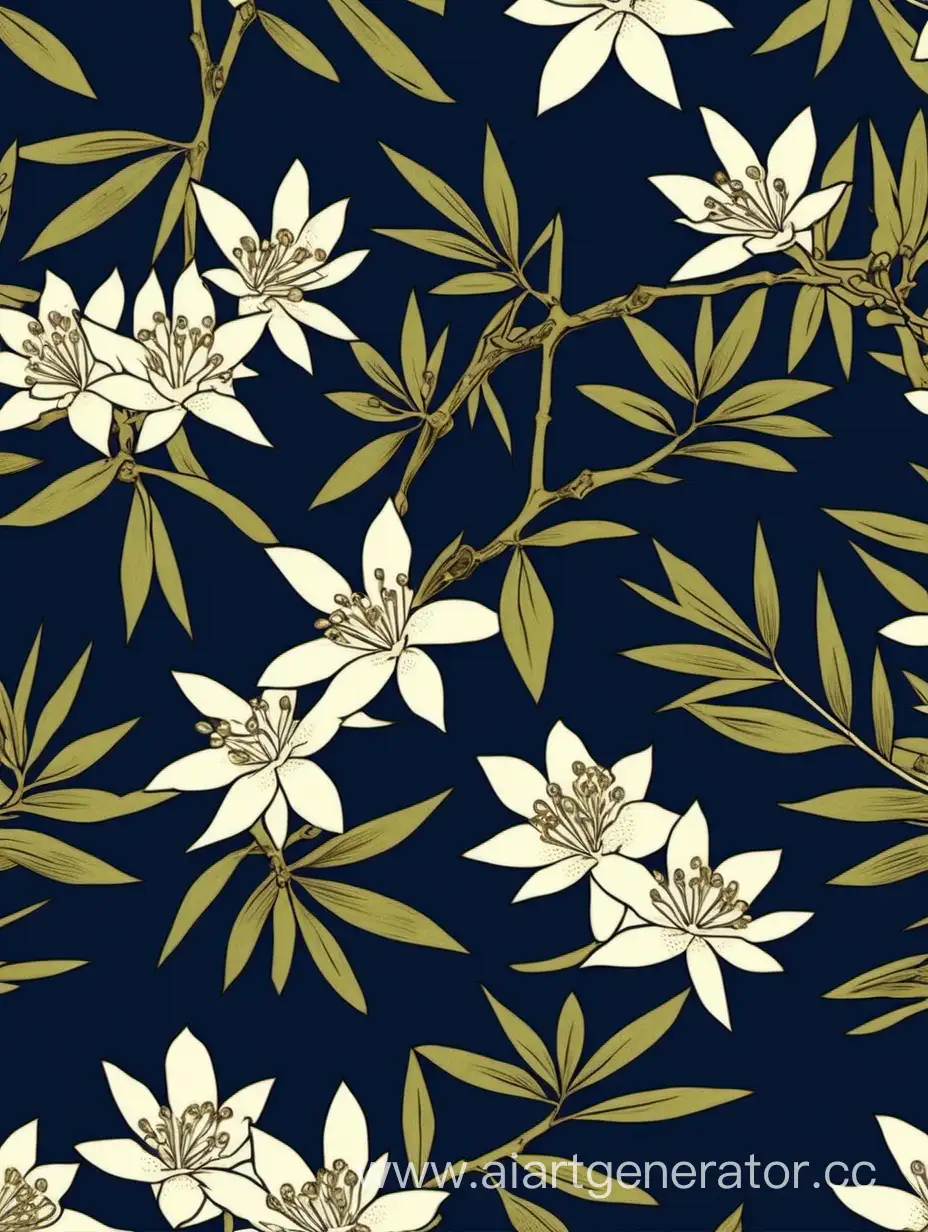 Ukiyo-e style olive color botanical seamless pattern dark blue background 