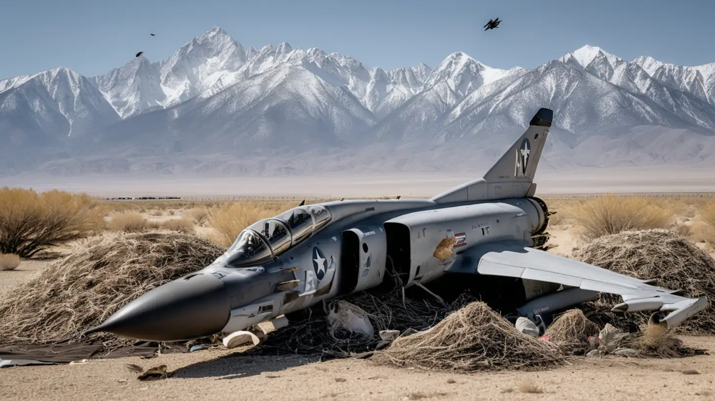 F-4  jet crashed on land with bird nests on it and mountains as background