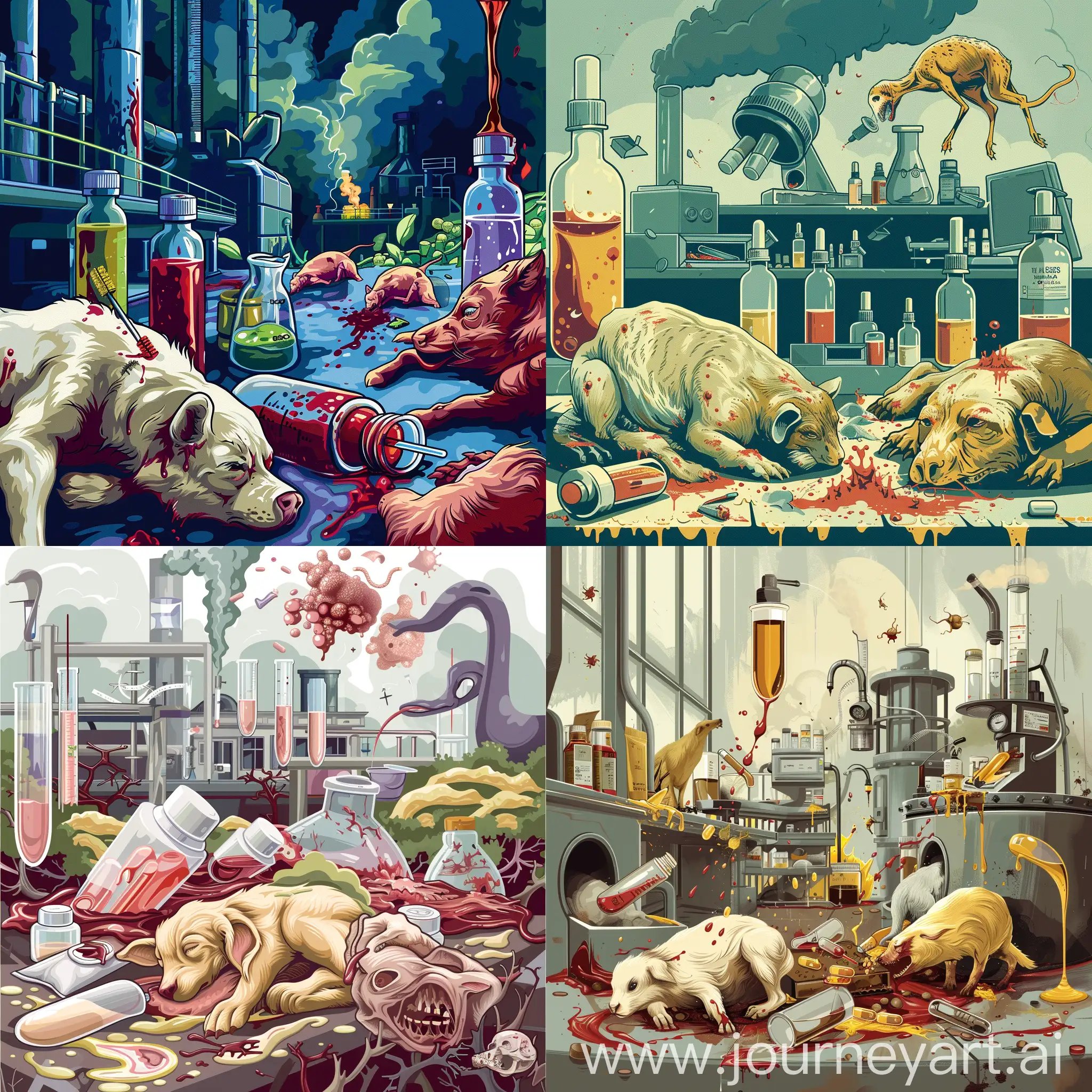 
Une illustration artistique dépeignant les dangers des produits chimiques dans les cosmétiques, avec un laboratoire en arrière-plan et des animaux en souffrance.
