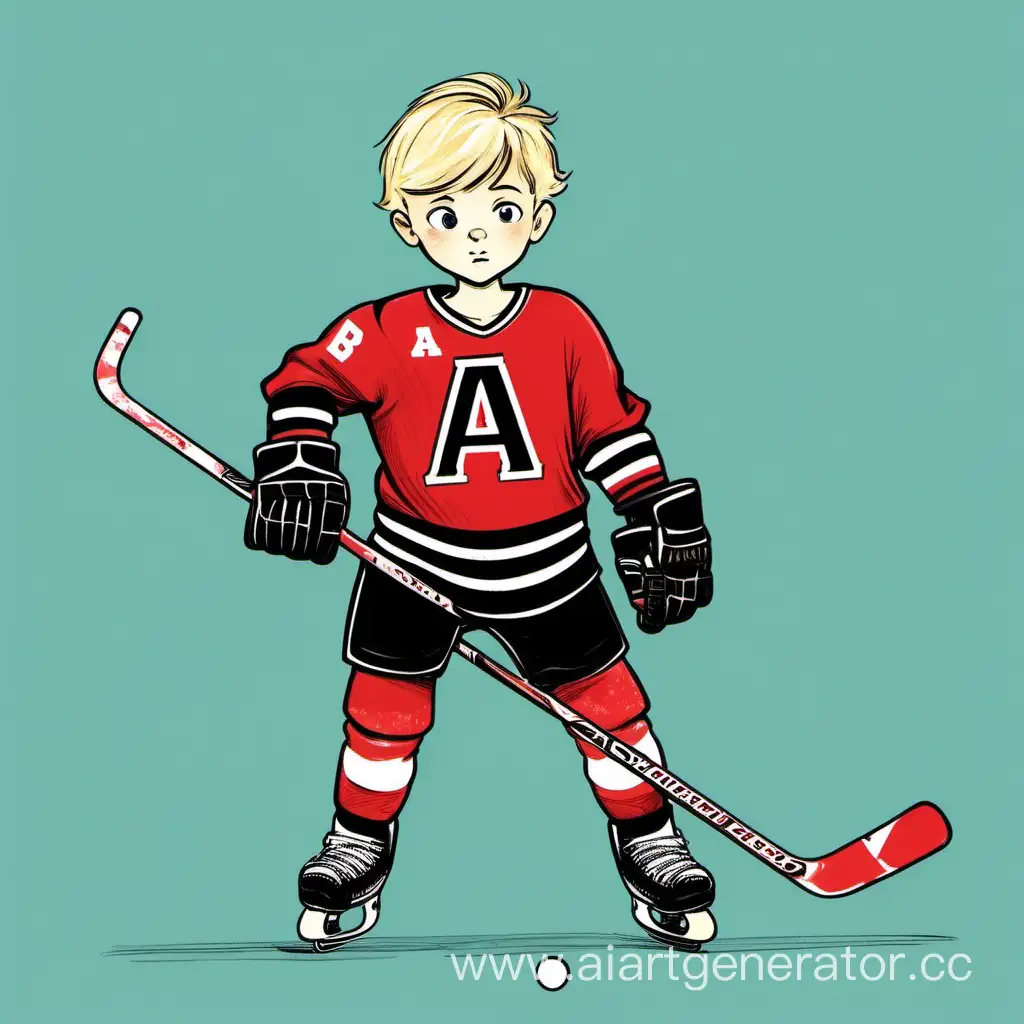 нарисованный мальчик, с короткими блондинистыми волосами в хоккейной джерси красно-чёрного цвета с буквой а