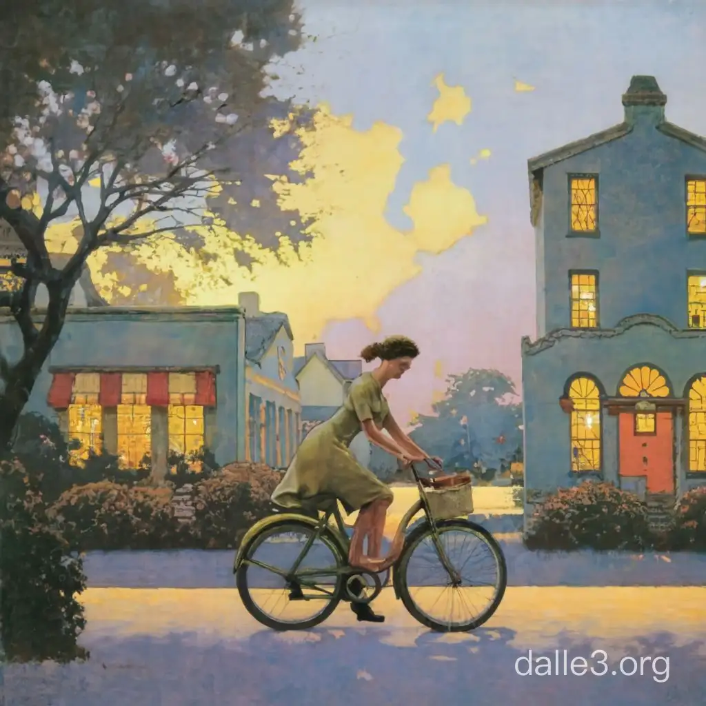 Imagine a captivating painting by Maxfield Parrish, portraying a charming scene in downtown Charleston, South Carolina. At the heart of the composition, a graceful woman glides along the cobblestone streets on a vintage bicycle, her silhouette illuminated by the warm glow of the setting sun. Dressed in a flowing, pastel-colored dress that billows in the gentle breeze, she exudes an air of timeless elegance and sophistication. Her straw hat, adorned with a ribbon that dances in the wind, adds a touch of whimsy to her ensemble. The historic architecture of Charleston's downtown district forms a picturesque backdrop, with colorful row houses and grand antebellum mansions lining the streets. Spanish moss drapes from ancient oak trees, casting dappled shadows across the scene and adding to the sense of Southern charm. In the distance, the steeple of a church rises against the pastel-colored sky, its silhouette a beacon of tranquility amidst the bustling cityscape. Despite the hustle and bustle of downtown Charleston, there is a sense of serenity and grace as the woman pedals leisurely along the streets, savoring the beauty of the moment. Through Parrish's masterful brushstrokes, the viewer is transported to a place where time seems to stand still, where the elegance of a bygone era meets the vibrant energy of a bustling Southern city. Capture the essence of Parrish's timeless style as you bring this enchanting scene to life on canvas, infusing it with light, color, and the indelible magic of Charleston at dusk.