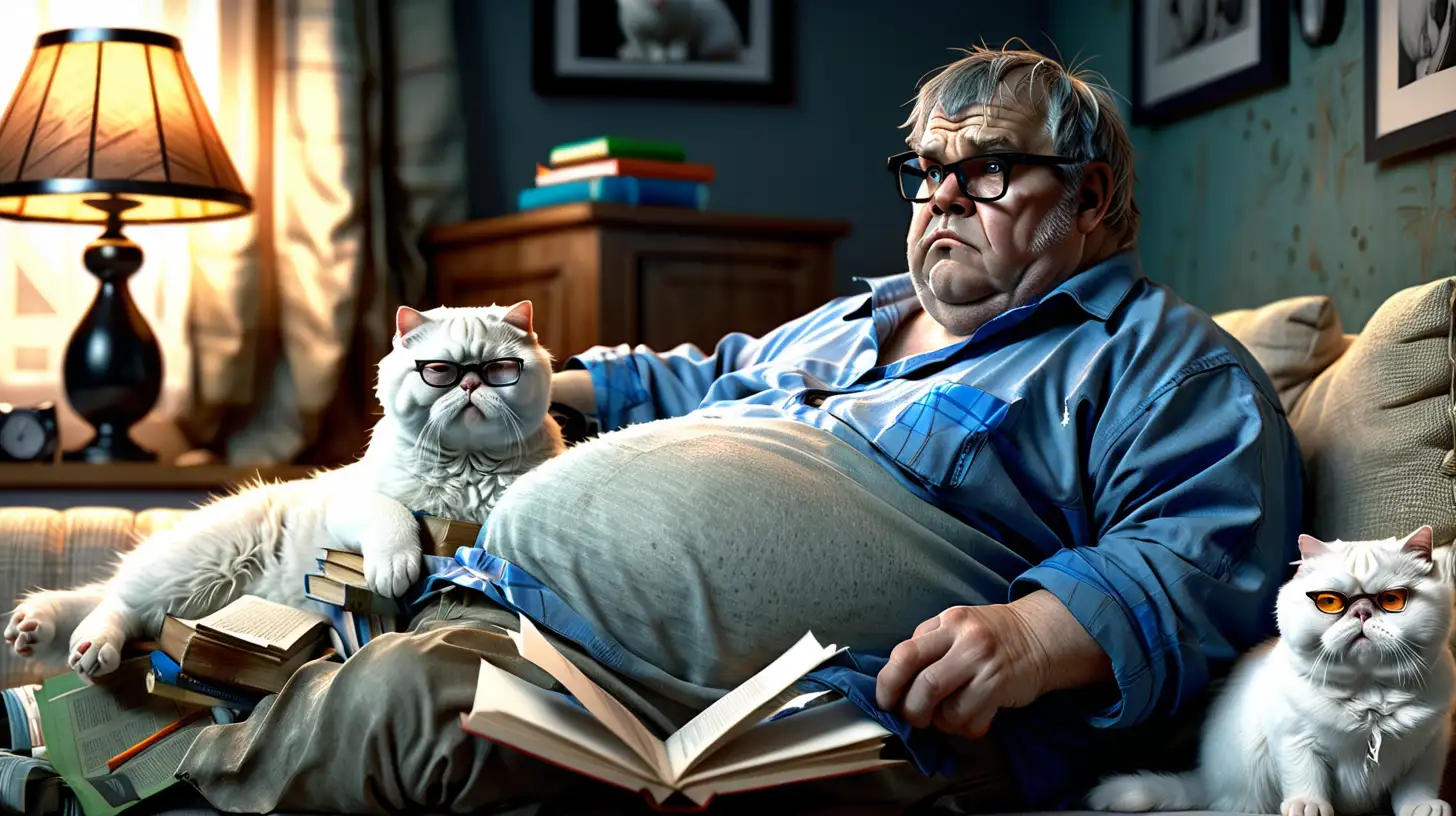 photorealistic , extreme detail, 60 year old caucasian male, overweight, wearing torn clothes, sitting on a sofa watching tv, surrounded by one white scottish fold cat, two blue russian cats, one more cat sleeping on his big belly, he wears thick glasses, dark hair white and messy, piles of books all over the room.