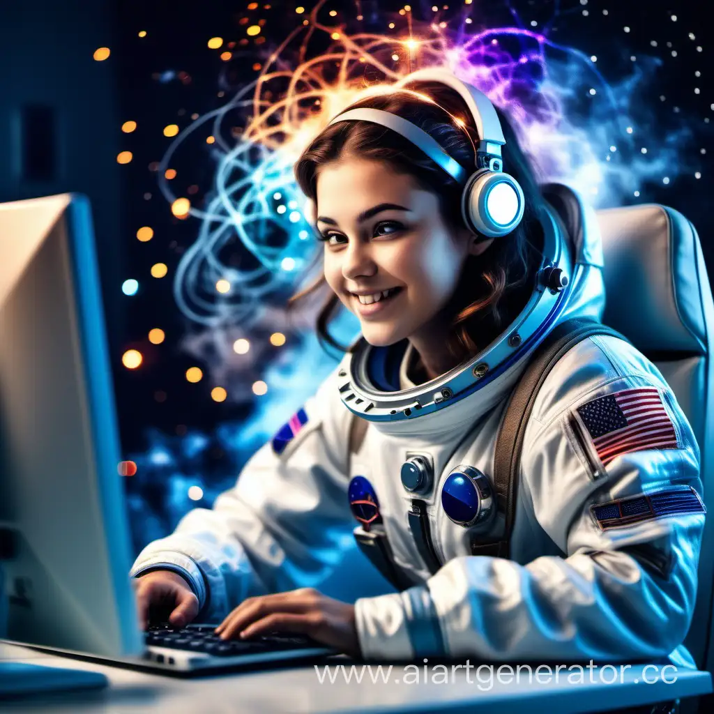 A beautiful girl, in an astronaut costume sits at a computer and types. She smiles sweetly. Neurons of different colors are flying around her, as well as a halo of sparks, smoke and bokeh, light blue fog in the distance.