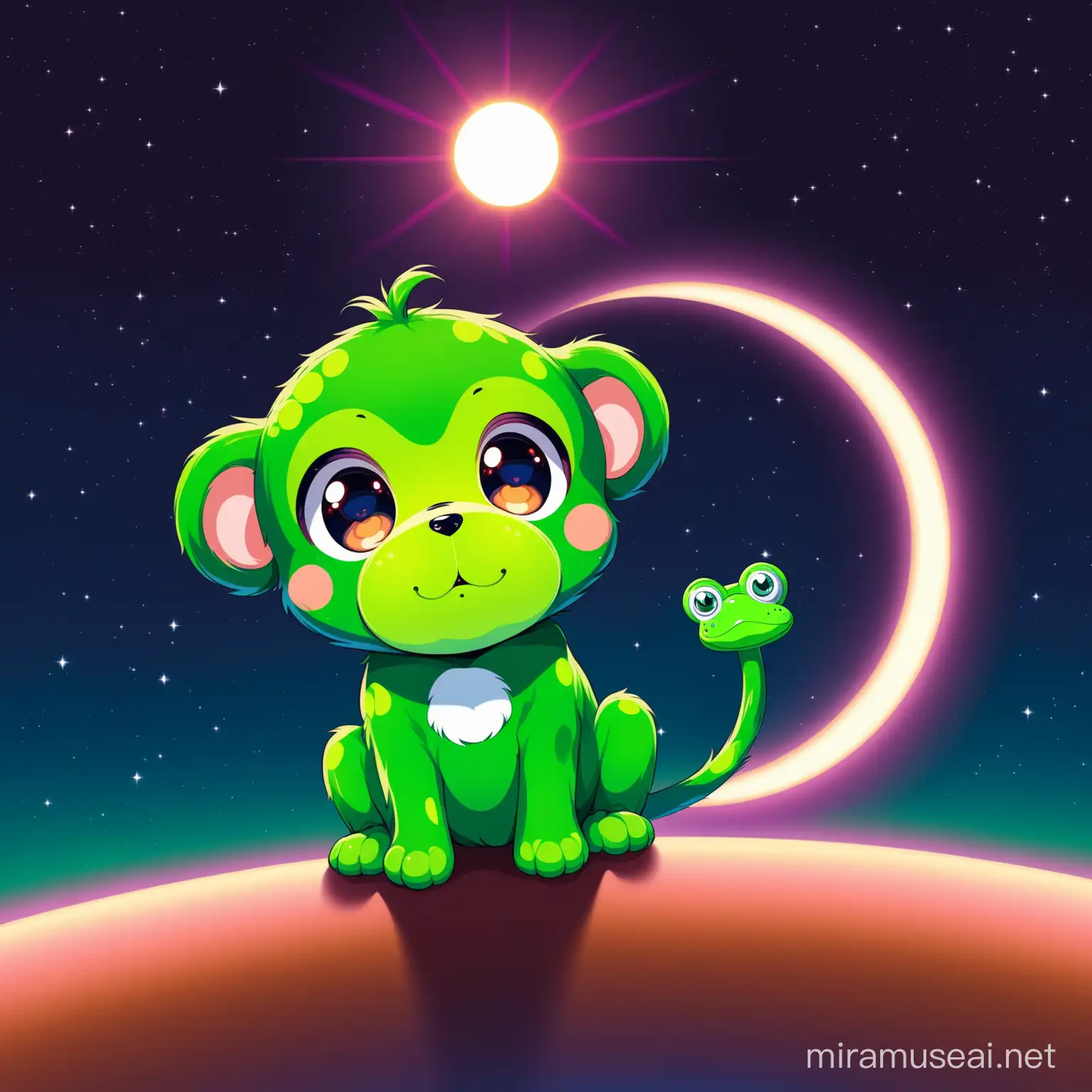 puppy with monkey tail with a frog face staring at a solar eclipse, use blue pink and green colors





