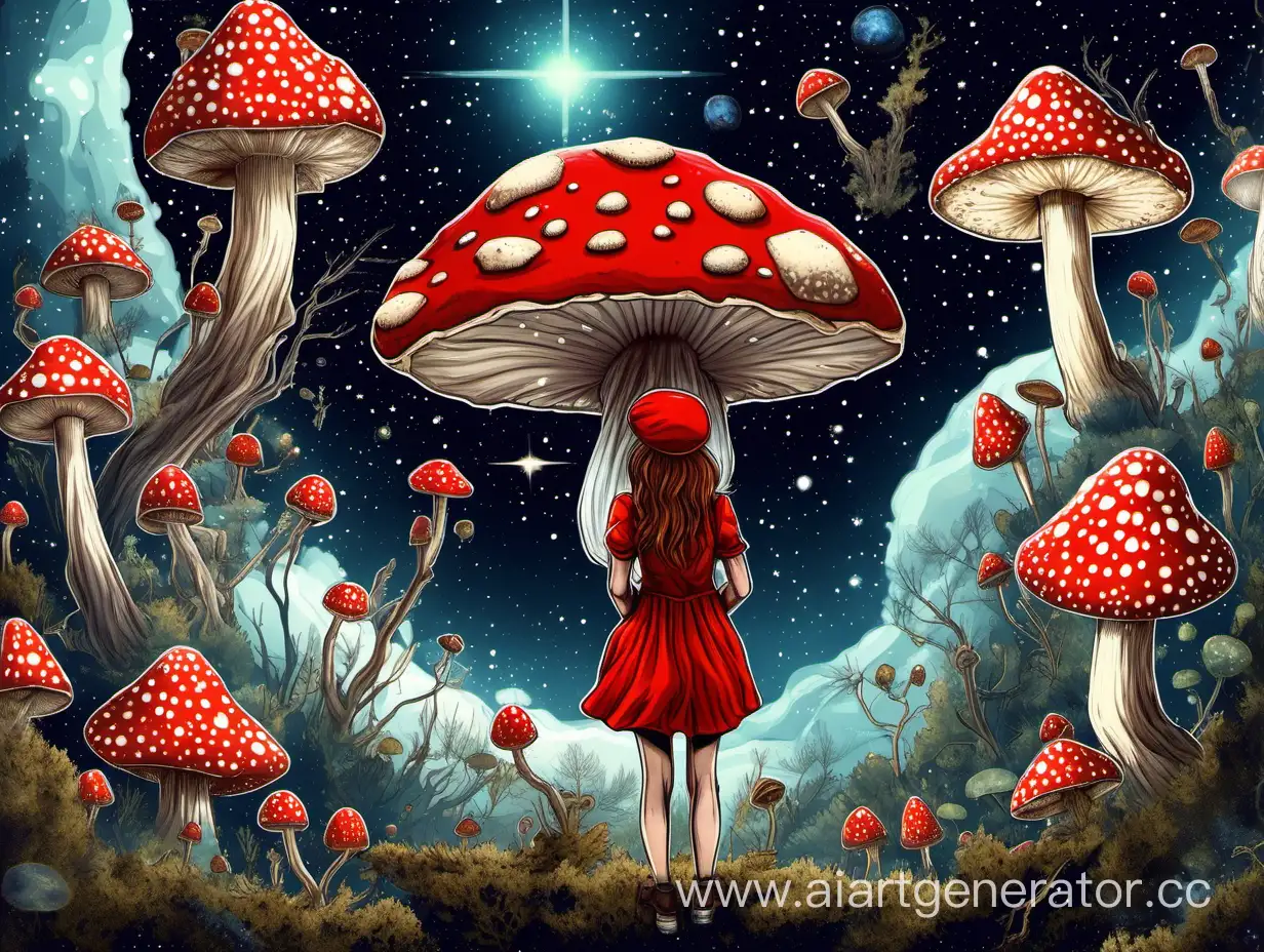 Girl-Flying-with-Fly-Agaric-Mushroom-in-Space