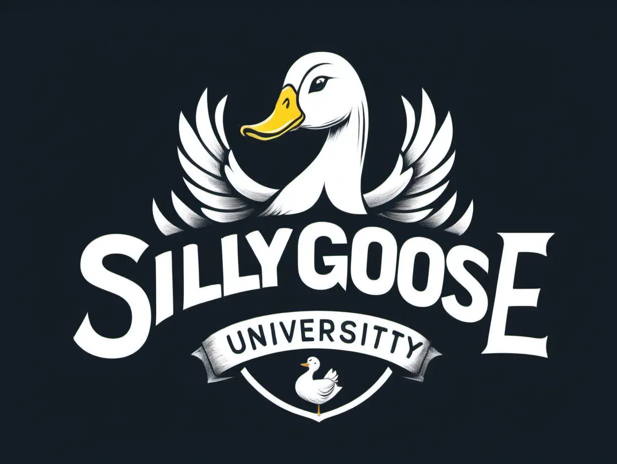Create graphics (black and white,  handwriting font, unuvesity emblem ) based on the text "Silly Goose University." 