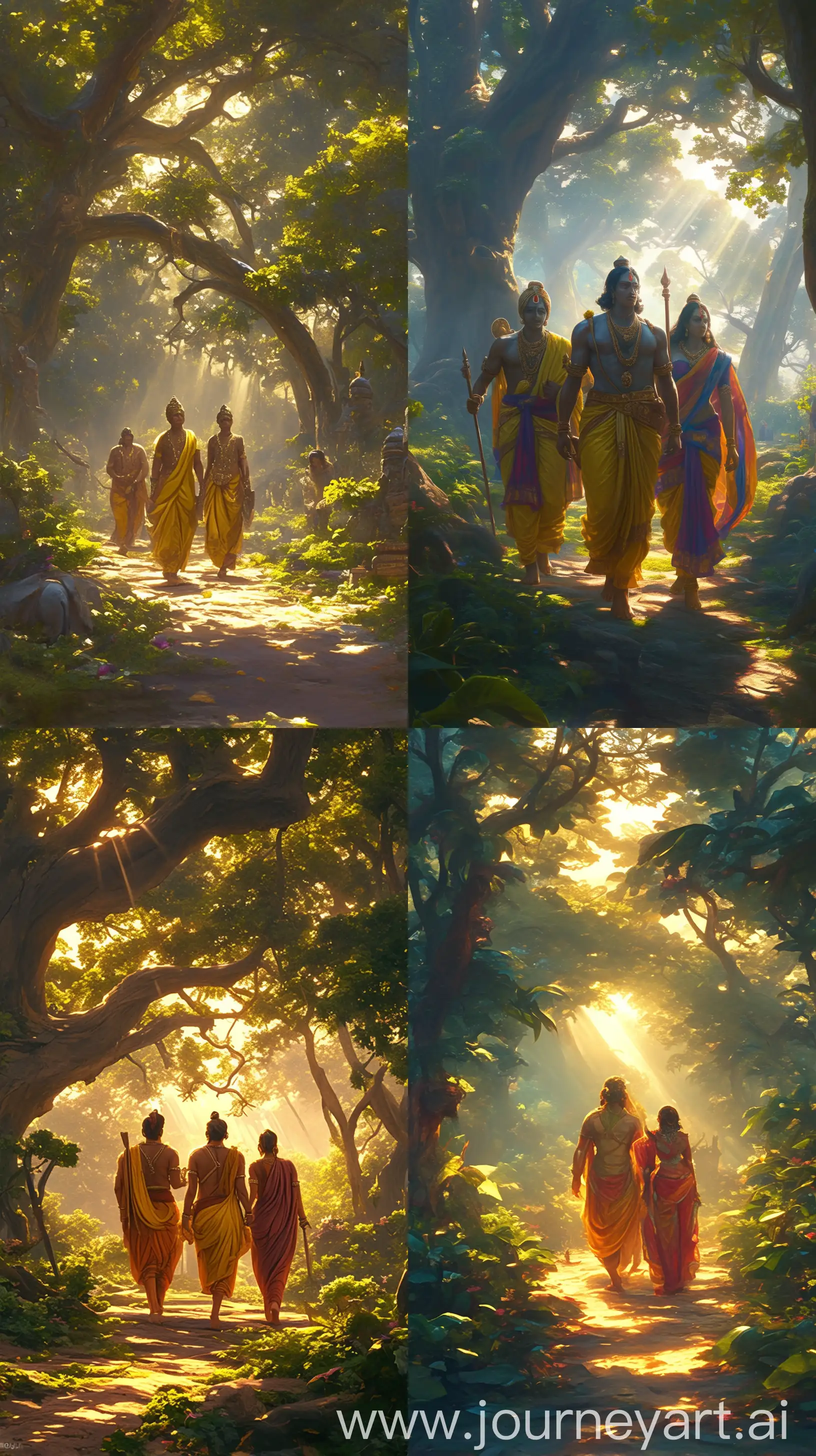 Realistic depiction of Ram, Lakshman, and Sita from Hindu epic Ramayana, walking through an ancient Indian forest, sun rays filtering through trees, elaborate traditional attire, serene expressions, high-resolution, attention to cultural authenticity, --ar 9:16 --s 200 --niji 6