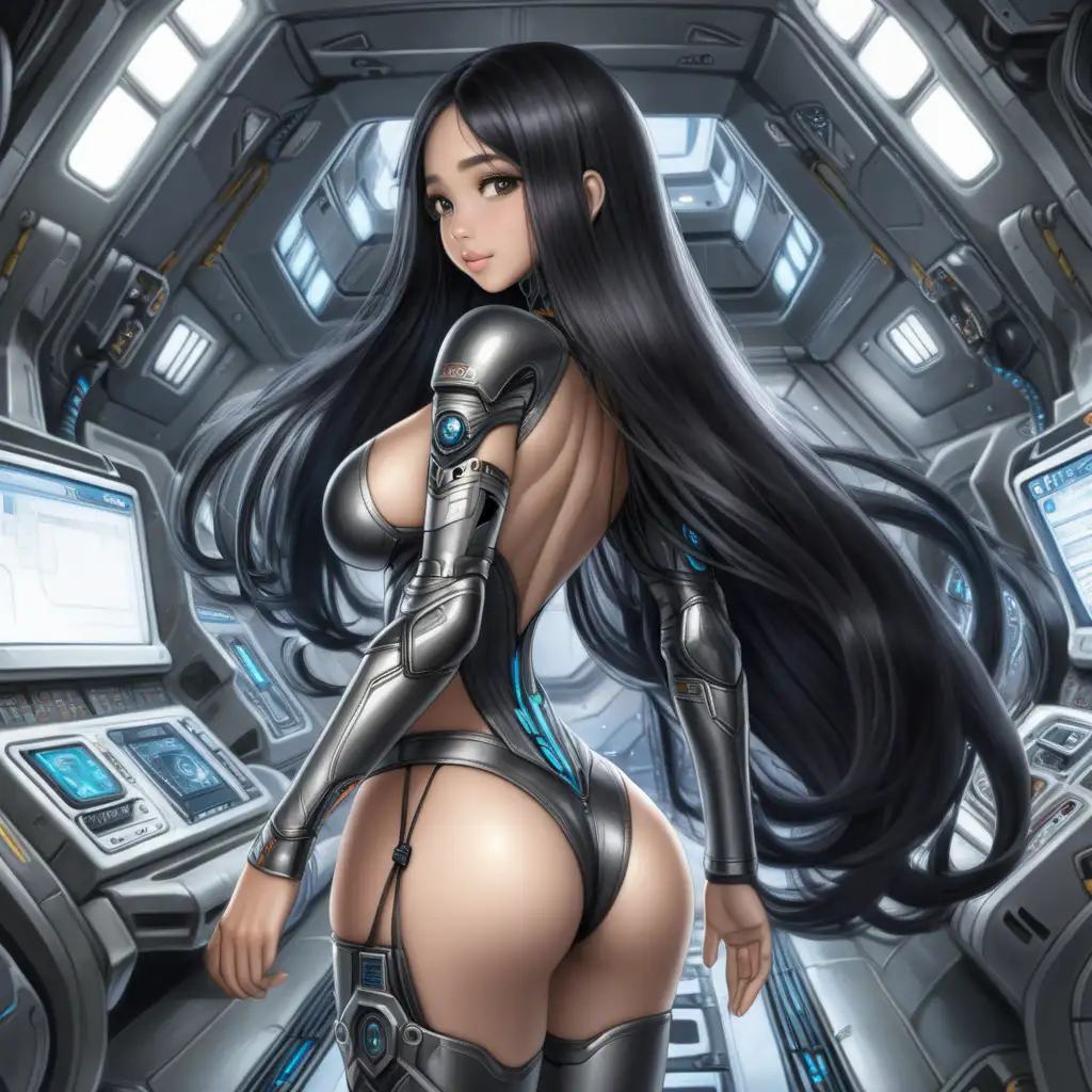 a beautiful slim Indonesian princess, happy idea, nice ass, big breasts, long black hair tying itself, energy hair, wearing carbon armour, carbon elements folding onto ass, in spaceship laboratory, splash, leaning over, from behind, walking to hall