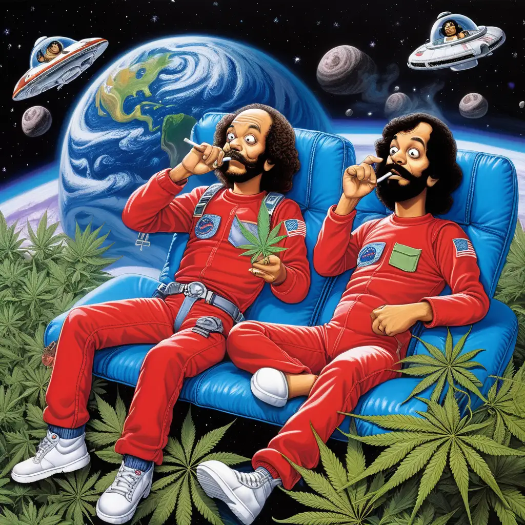 Cheech et Chong fument du cannabis dans l’espace. Joint dans la bouche. Pas de doigts dans les mains. Les yeux rouges. Couché sur une grosse quantité de cannabis de couleur bleu. Avec un ovni. Photo animée 