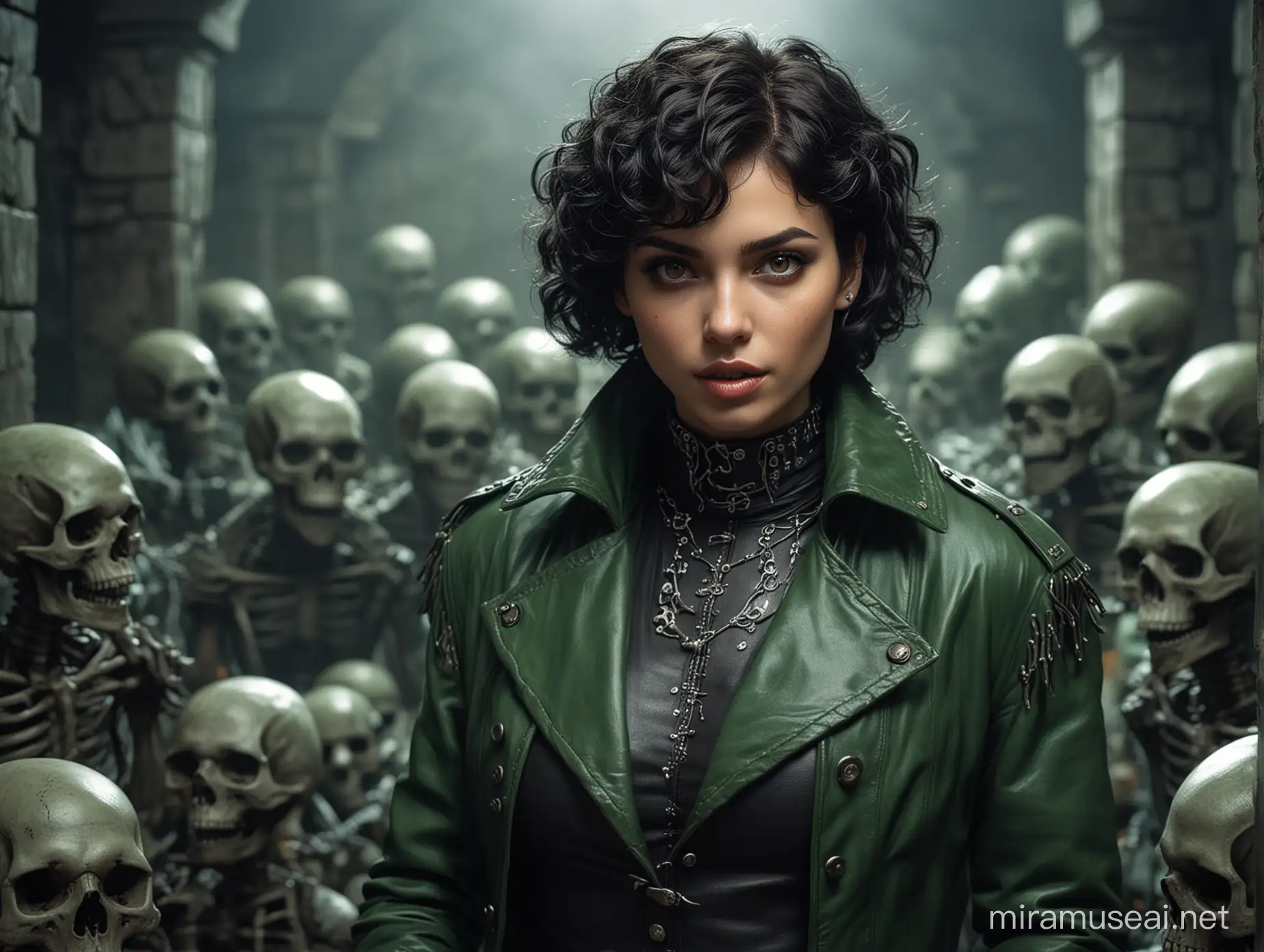 beautiful female necromancer with short black curly hair, brown eyes, big lips, round face, green leather coat, attacked by skeletons in a dungeon