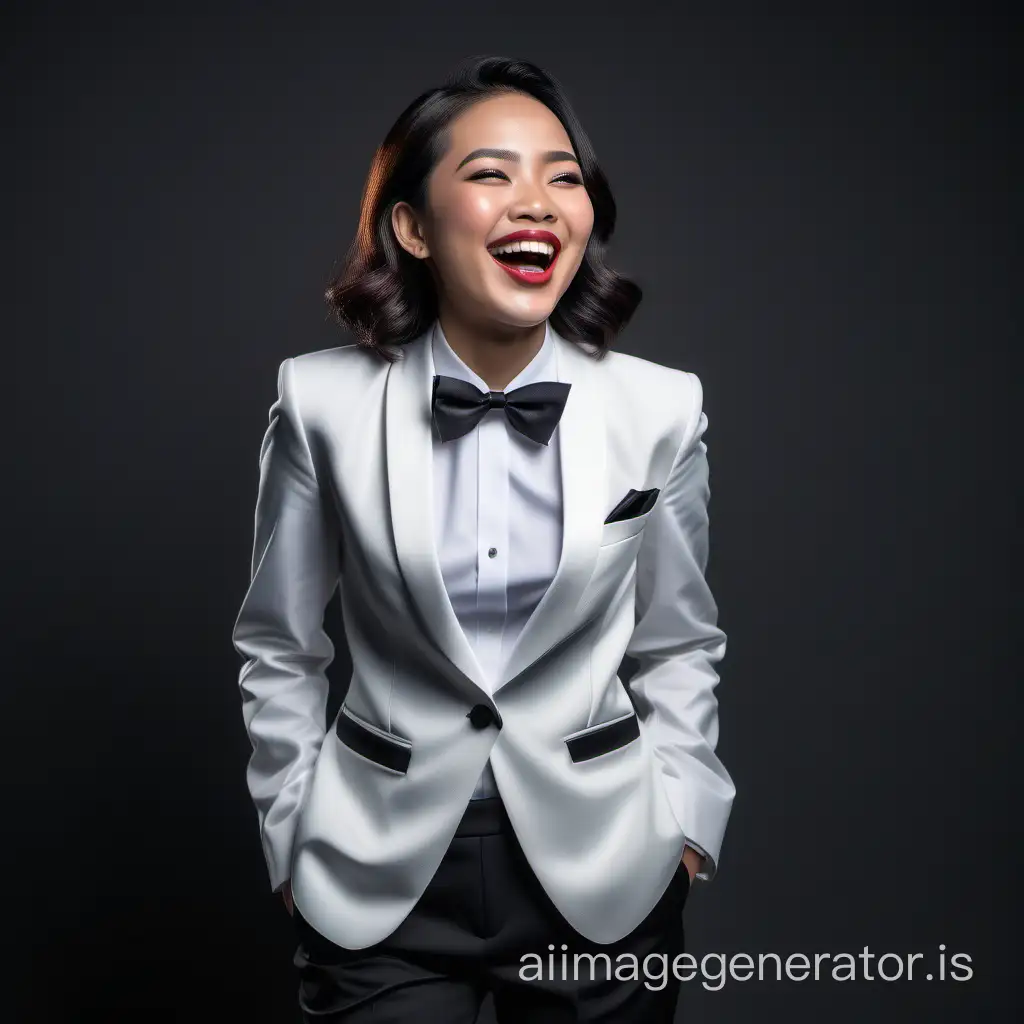 highest quality image of a cute and sophisticated and confident Indonesian woman with shoulder length hair and lipstick wearing a formal tuxedo with a white shirt with cufflinks and a black bow tie, hands in pockets, laughing and smiling