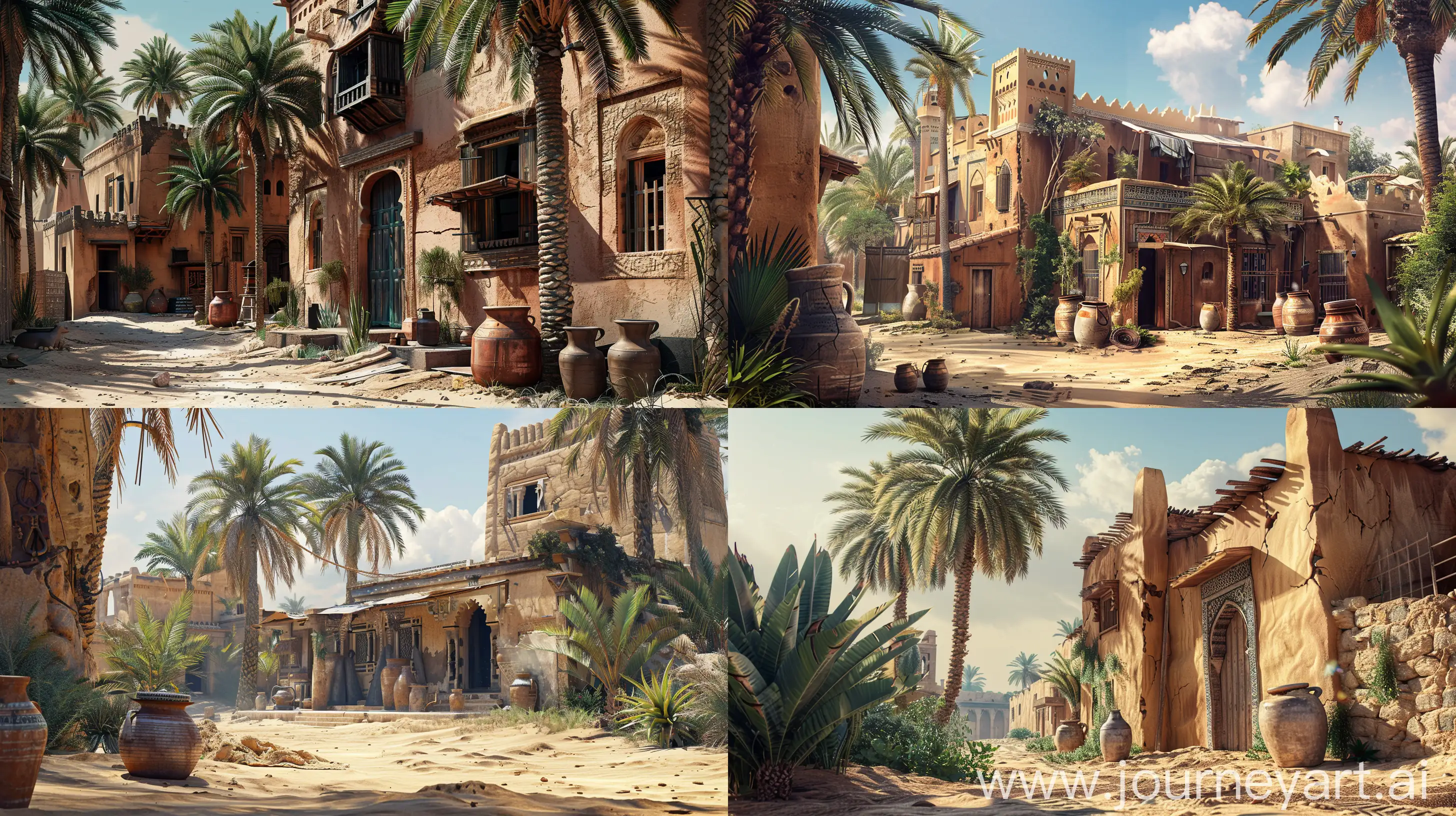The city is coming out of the laptop, ux and webpage for a RAMADAN,  intricate details, bej and brown color highly detailed,in the style of the Muslim east, palm trees, old jugs near the house, adobe hacienda, realistic, bright colors, artistic photography in 8k format, photorealistic concept art trending on artstation, sharp focus, studio photo --ar 16:9 --v 6.0