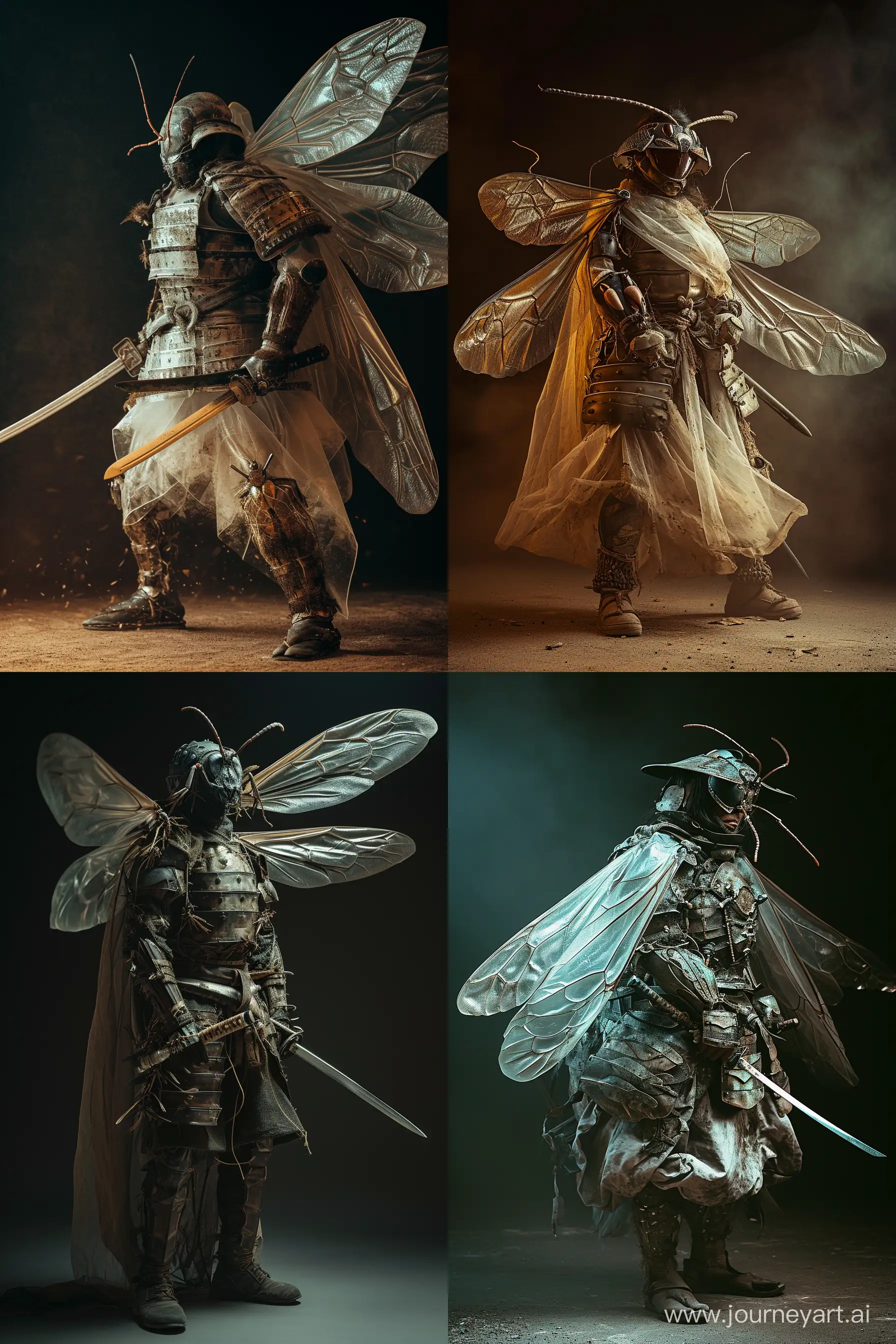 the stoic warrior wearing translucent insectoid armour plates, samurai style bug armour made from massive insects, layered wasp armour plates, stoic battle worn worrior, translucent irridecent insect wing Cape draped like a cloak, detailed inside textures and shaped armour, cinematic film lighting, dusty and used, stoic attack pose with sword, photographic --ar 2:3 --s 50 --v 6.0
