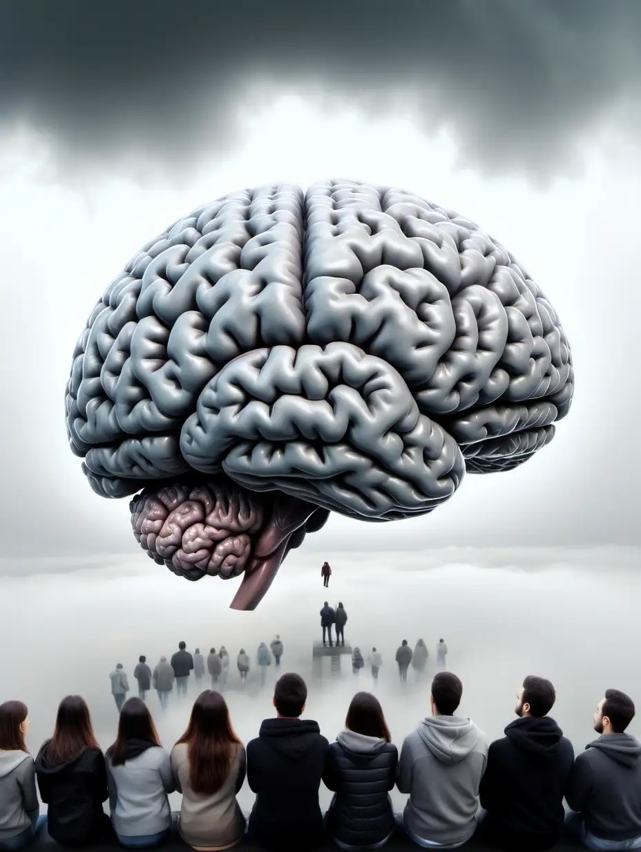 A hyper realistic photo of a giant grey brain in the sky with with people and fog all down below in a foggy clear background 