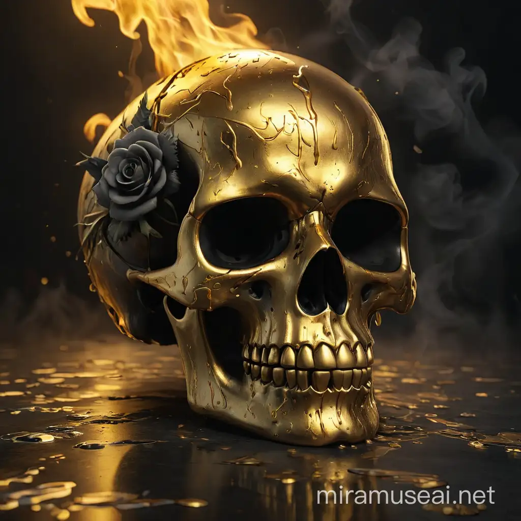A  shiny golden skull with golden paint dripping off its side in high resolution, it has cool patterns engraved on it , dark background, reflective shiny floor, Black roses next to the skull on the ground. inside of eyes glowing with fire. foggy mist smoke
