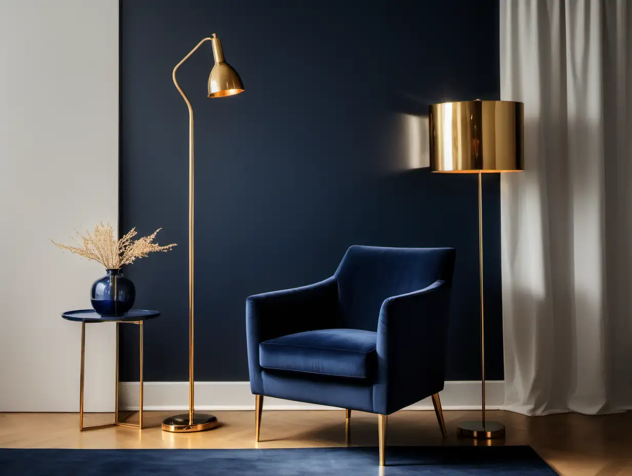 Commercial Photography, modern minimalist living room interior with navy blue chair and golden floor lamp and decor