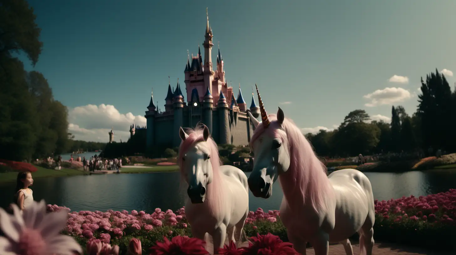 a cinematic scene, ultra realistic, film grain, IMAX 70mm film still, extra wide shot, cinematic color grading,  detailed faces, far-angle shot, dramatic lighting, captured by Canon Cinema EOS, flowers in front of disney castle and lake, unicorns flying  --style raw