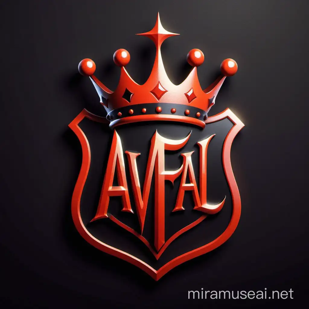 Create a "AVFAL FC" logo, only using black and red with a black background, add a crown on top of the logo.