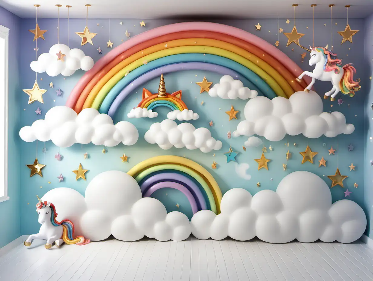 pared con nubes, estrellas colgantes, figura de unicornio, arcoiris, nubes de algodon, piso blanco

