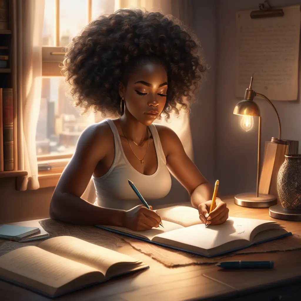 Imagine a gorgeous  black female writing in a journal in her room