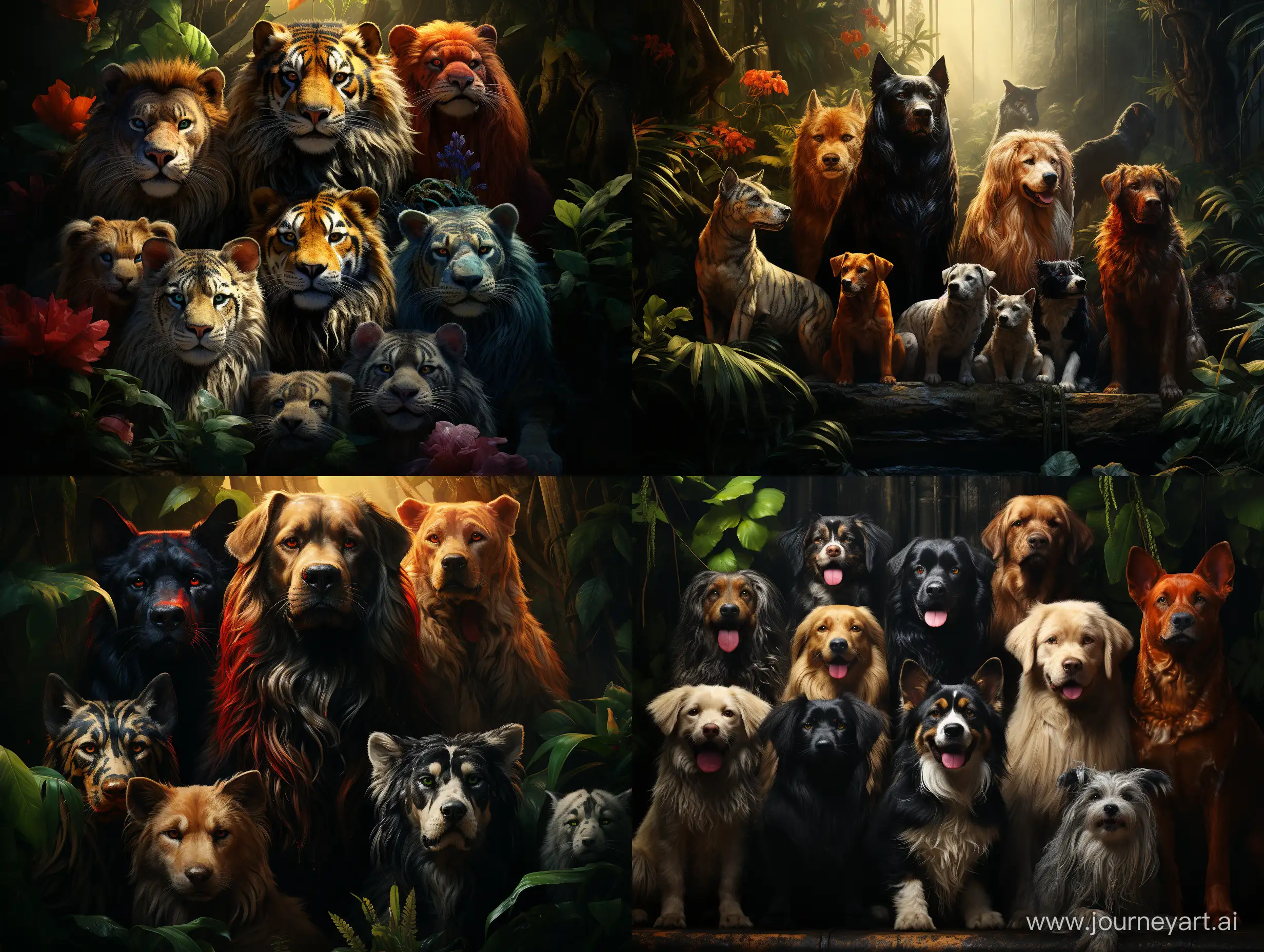 realistic portrait photo of real life Tiger, Lion, cats, dogs, kangaroo, birds, deer, giraffe, koala, bear, wolf, sheep, cows, chickens, snake, and other animals al together happily and friendly inside an amazing jungle Z --ar 4:3 --s 600