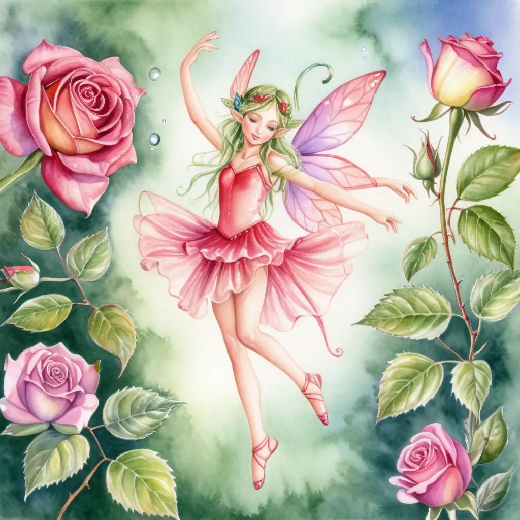 Enchanting Watercolor Painting of a Fairy Dancing on a Rose Leaf