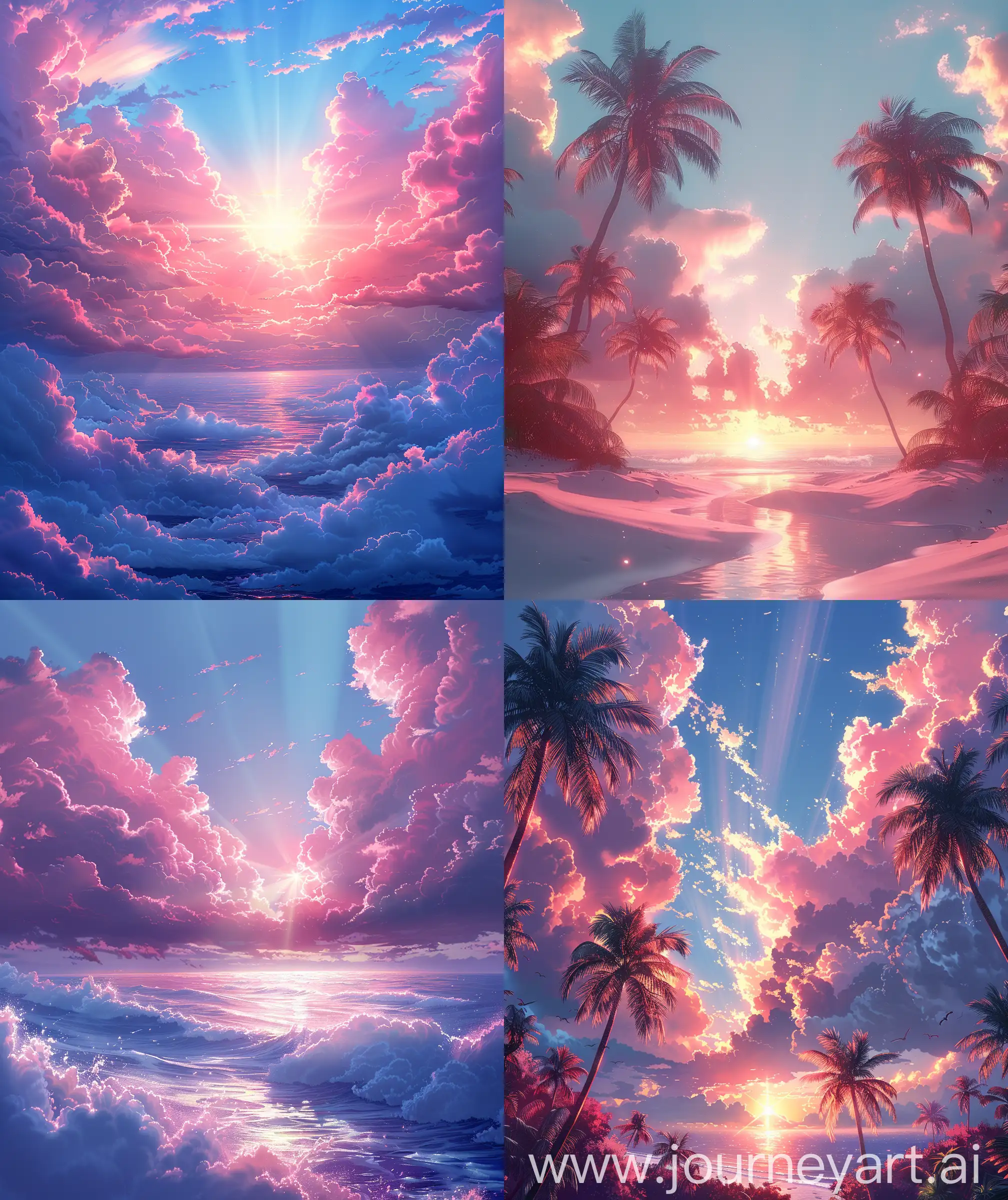 Beautiful anime scenary, illustration, verious vibrant scenary of Miami, light pink and blue colour sky, sunlight through clouds, beautiful gradient look, sunny weather, illustration anime scenary, ultra hd, High quality resolution, no blurry,no hyperrealistic --ar 27:32 --s 600