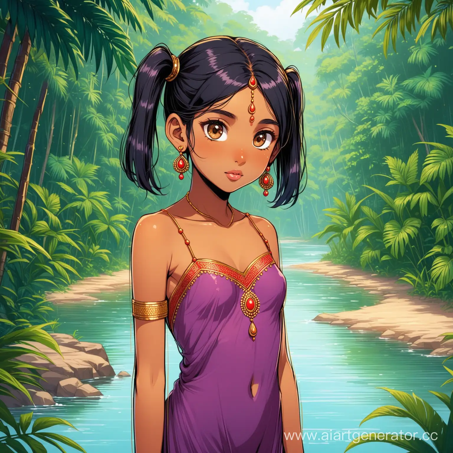 Girl, Tanned skin, brown eyes, big eyes, lush lips, skinny body, small breasts, black hair, two pigtails, big nose, Straight hair, A red dot on the forehead, a Hindu girl. Gold earrings, purple dress without sleeves and straps, no shoes. Indian jungle, by the river