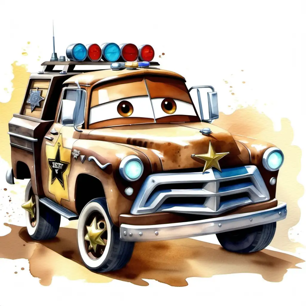 Watercolor Painting of Disney Cars Sheriff in Vibrant Colors