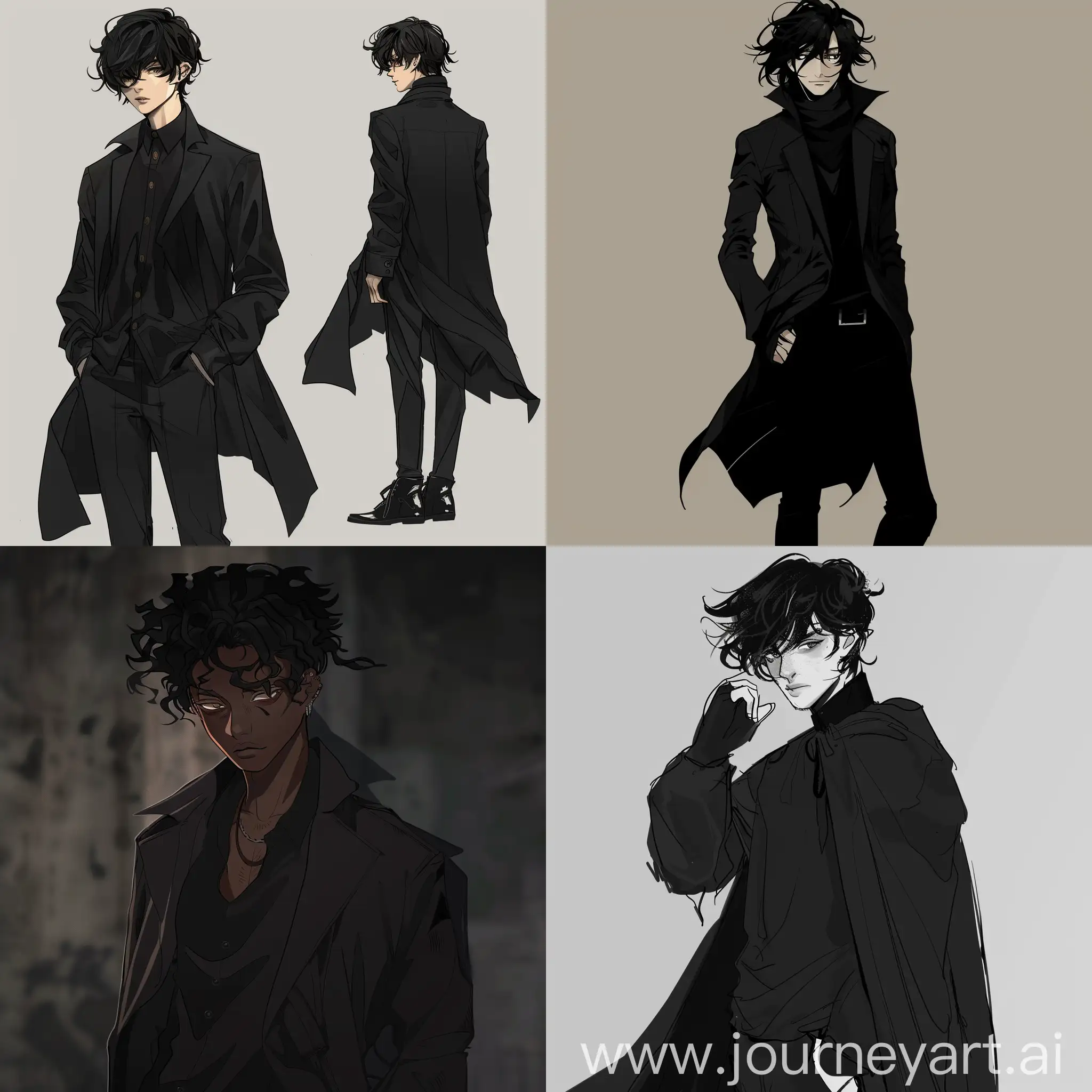 Anime OC reference. Name: Jan Adderley. Dressed in cool black clothes. Anime Style. Interesting Dark 