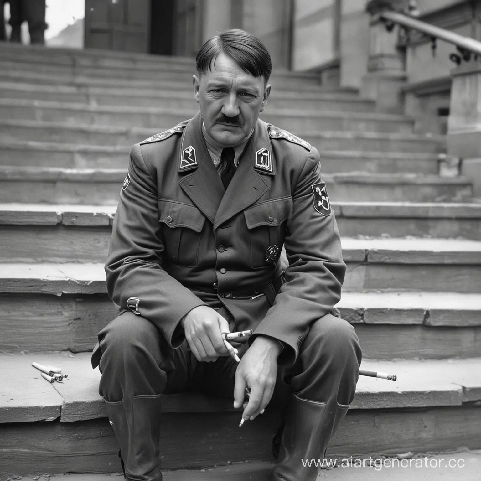 Adolf-Hitler-Rests-on-Steps-with-Cigarette-and-Pistol
