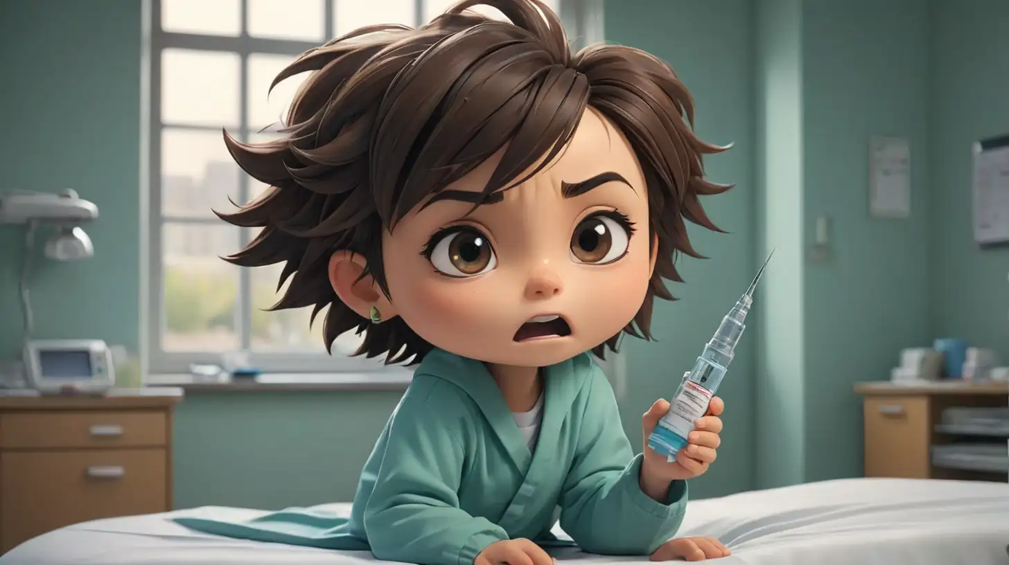 ChibiStyle Cute Character with Scary Injection Needle on Hospital Background
