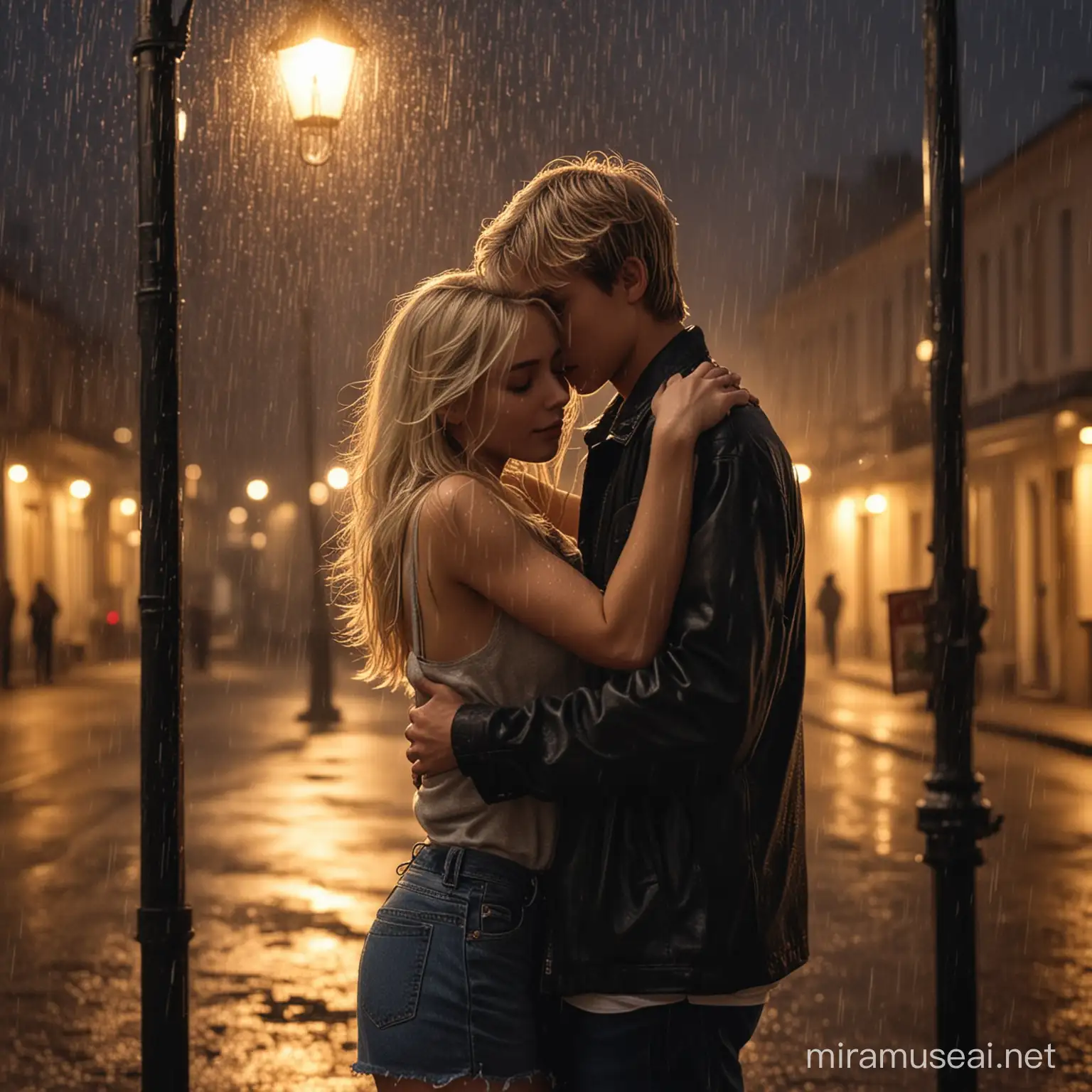Kız ve erkek sarılıyor, akşam, loş sokak lambası ışığı, hafif yağmur, solda erkek sağ tarafta kız
kız hafif sarışın, çok seksi güzel, erkeğe sarılıyor
erkek yakışıklı, hafif kaslı, kıza sarılıyor