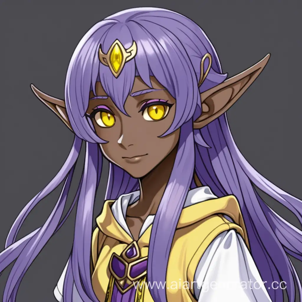 Dark-skinned anime elf with purple hair, yellow eyes, in light clothing
