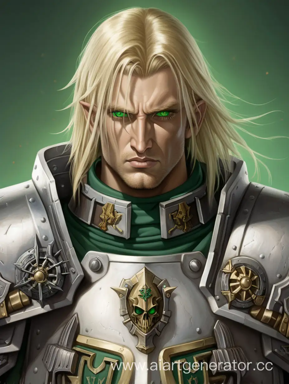 Mighty-King-Arthur-Wielding-a-Warhammer-in-the-Futuristic-World-of-Warhammer-40000-with-Blond-Hair-and-Striking-Green-Eyes