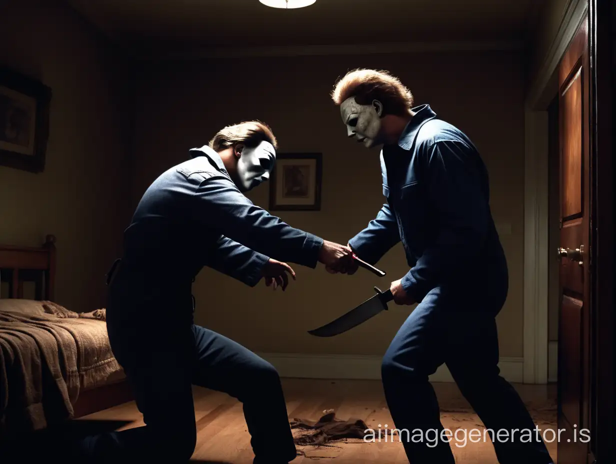 a photorealistic scene of Michael Myers is beating thief in dark room