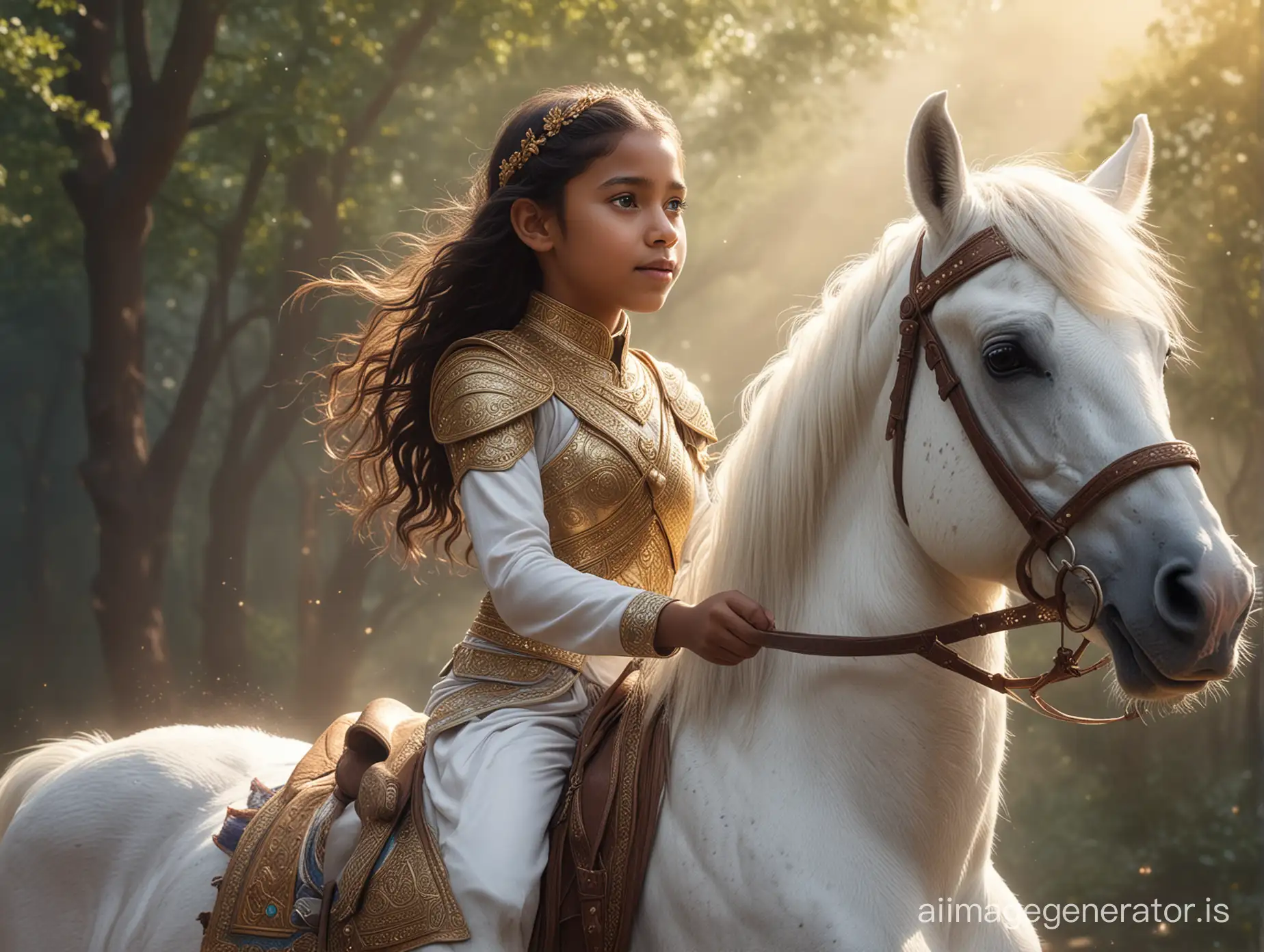 a young girl riding on the back of a white horse, an album cover, shutterstock contest winner, fantasy art, patron saint of  🛸🌈, of indian princess, portrait!!!, trending on artstation, 5 years old, disney weta portrait, made entirely from gradients, obama riding an unicorn, my little everything, portrait photoreal