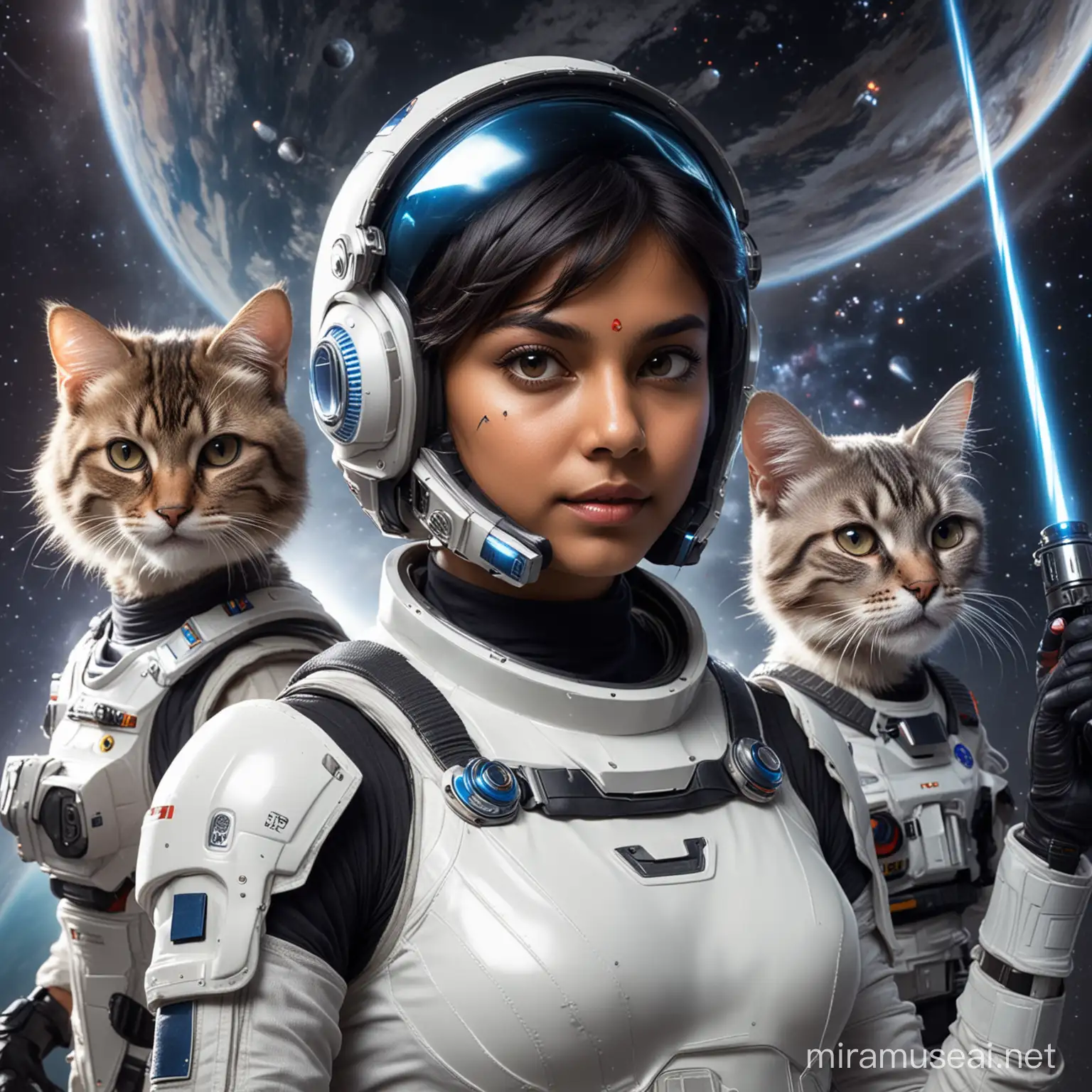 two cats in space suit, syoung beautifull indian girl in space suit, short hair hidden in helmet, closed visor, neptune in background, lightsaber in handpaceship in background