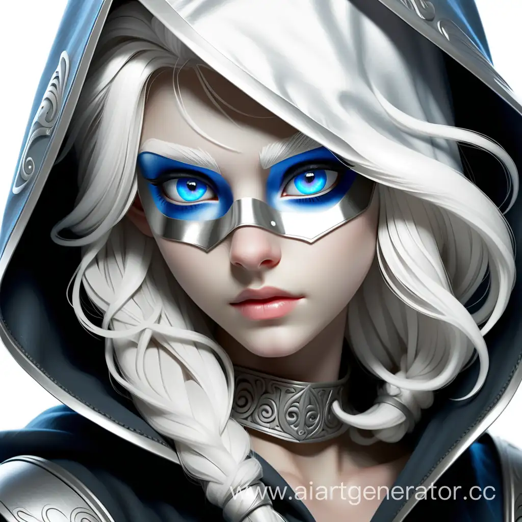 Девушка с белыми волосами, голубыми глазами, в серебряной полумаске и капюшоне