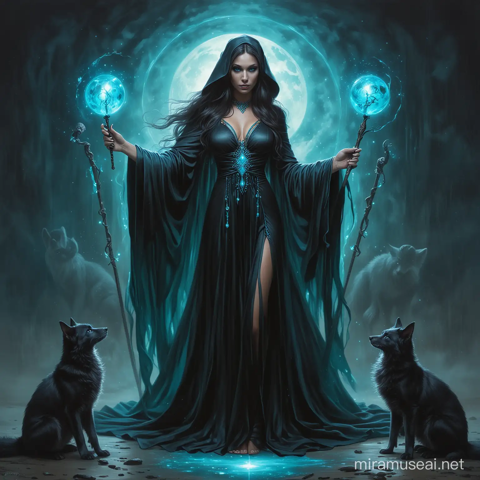 Goddess of dark magic. Wearing a long flowing black robe. Holding a staff in one hand and an orb of turquoise blue light on the other. Surrounded by three vixens