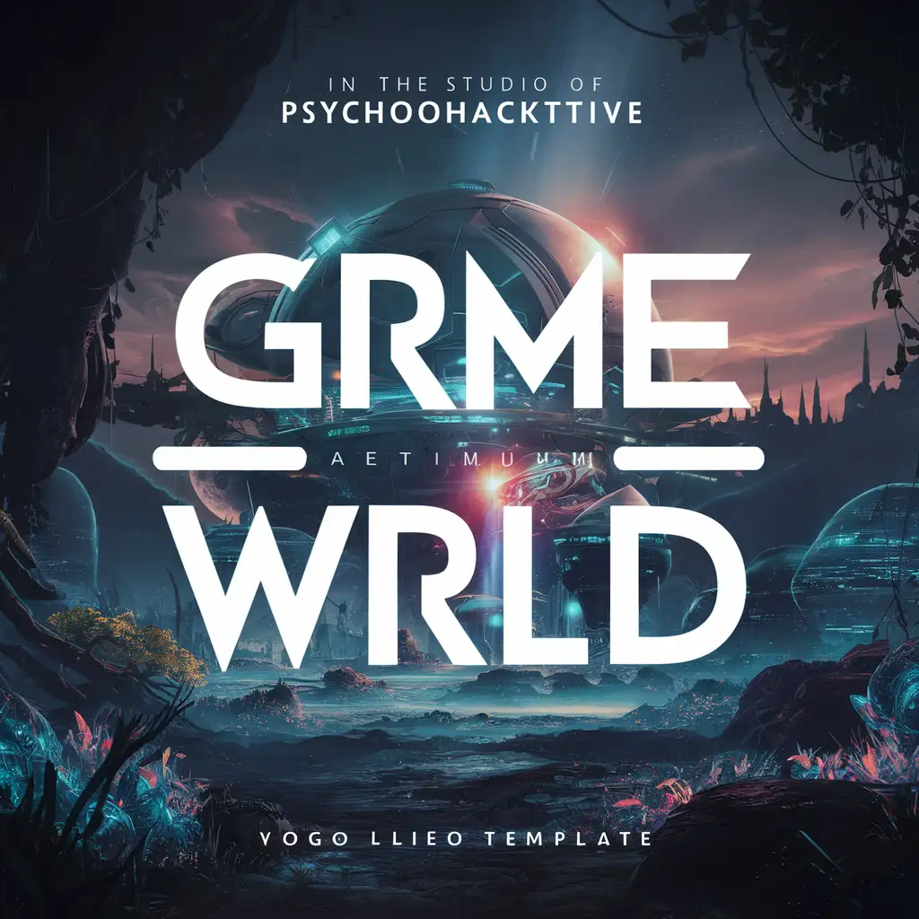 SCI FI FPS RPG VIDEO GAME LOGO TEMPLATE, CYBERPUNK, STUDIO PSYCHOHACKTIVE, PLANET WITH LETTERS "GRME" ON TOP AND LETTERS "WRLD" UNDERNEATH, ALIEN OASIS BACKGROUND