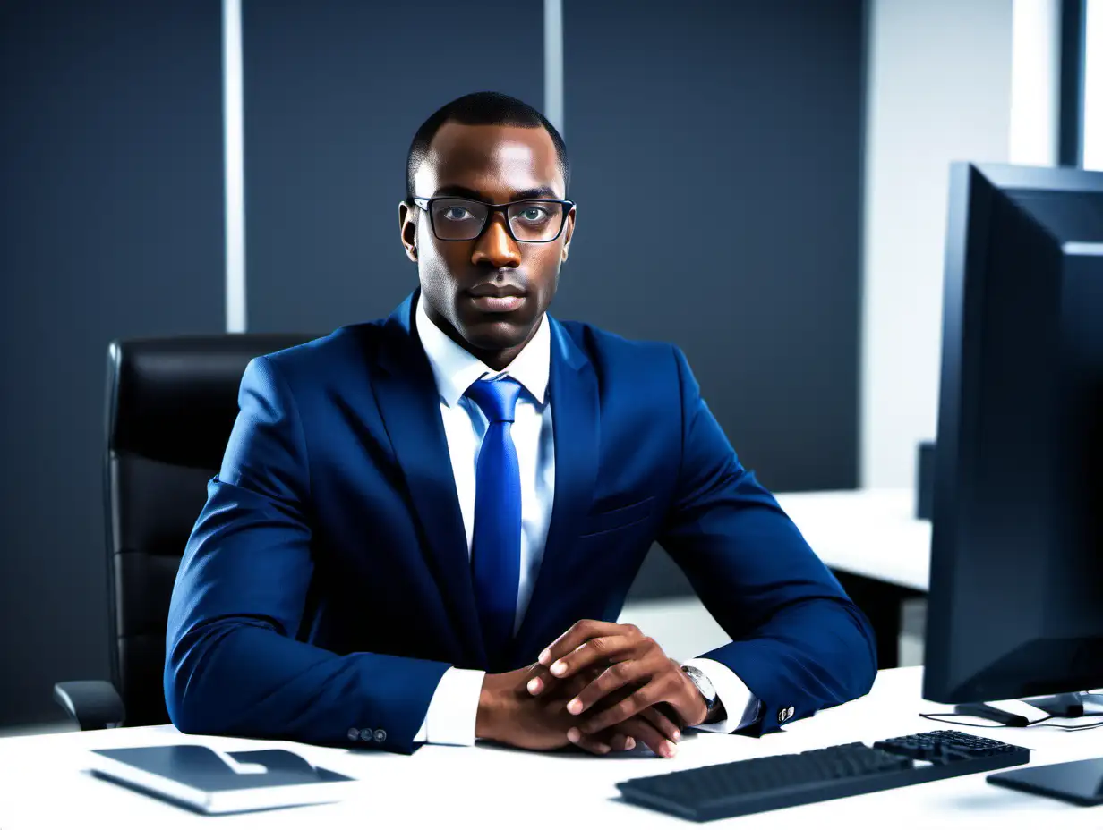 homme noir informaticien analyste de données costume bleu foncé chemise blanche assis devant ordinateur dans un bureau lumineux arrière plan autres travailleurs