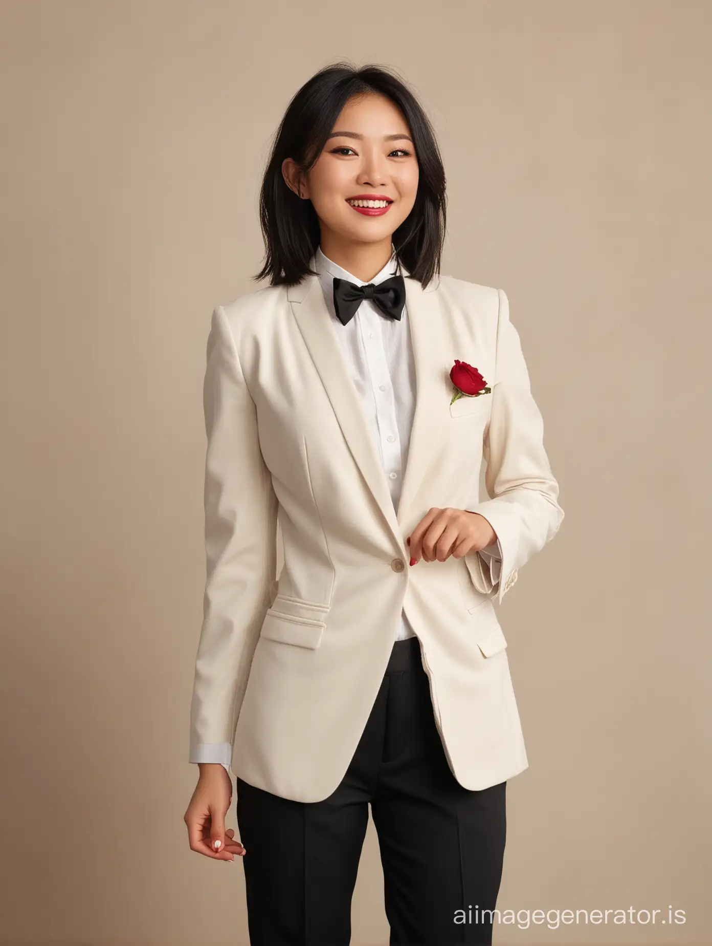 Confident-Chinese-Woman-in-Ivory-Tuxedo-with-Red-Rose-Corsage