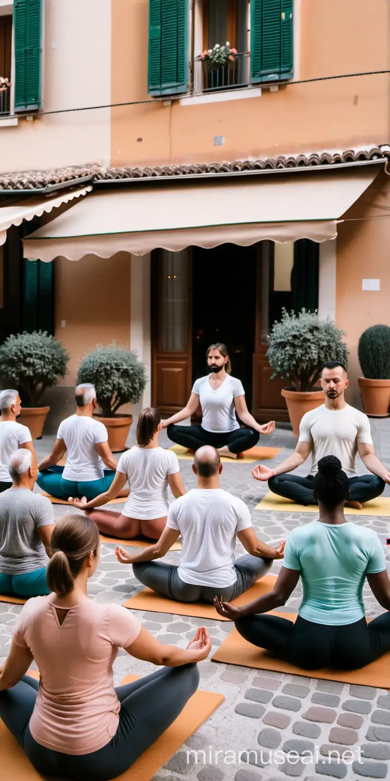 Outdoor Yoga Session at a Traditional Italian Cafe