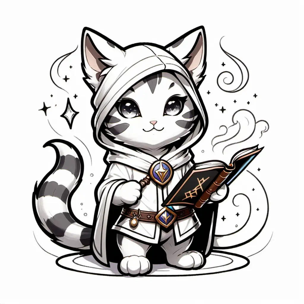 a kitten mage in a hero pose withwith a book and spell  bold black lines for a coloring book
