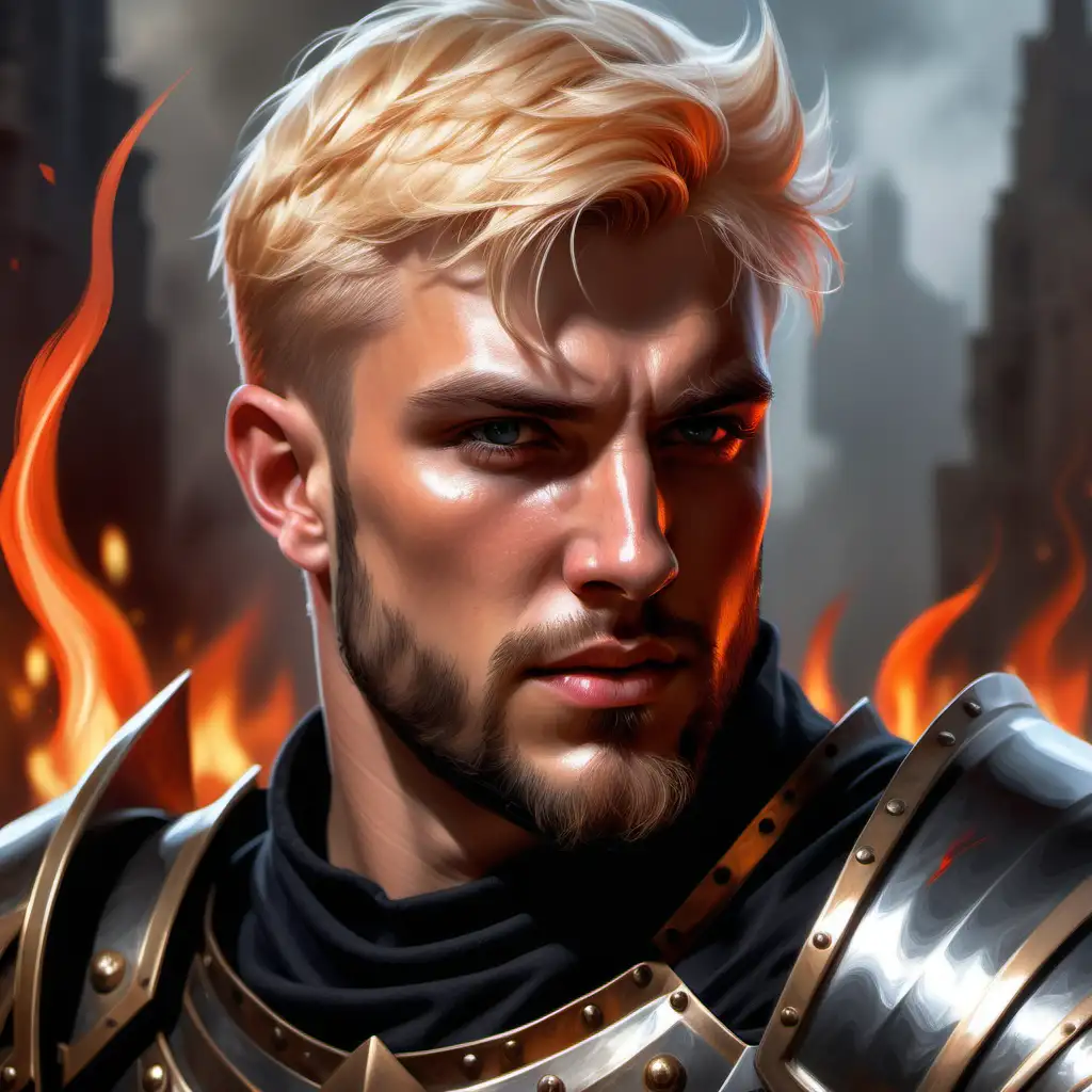 short beard stubble, good looking, handsome, rugged, male, angry, short blonde undercut hair, black armor knight, fire in background, close up, d&d, highly detailed, digital painting, artstation, sharp focus, fantasy art, character art, illustration, 8k, art by artgerm and greg rutkowski