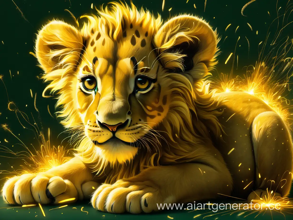 Fiery-Yellow-Lion-Cub-on-Dark-Green-Background