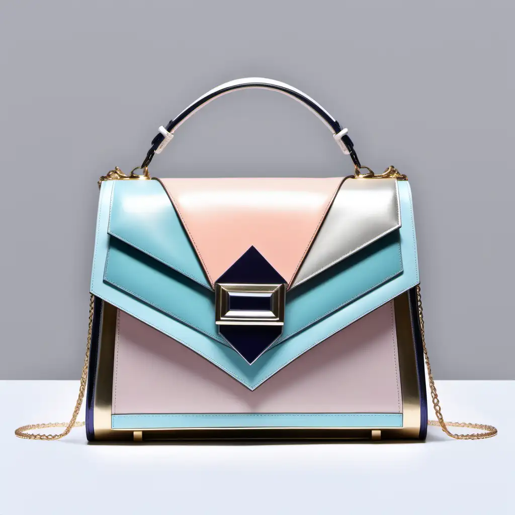 Luxury Art Dco Metalized Leather Bag with Geometric Inserts and Pastel Shades