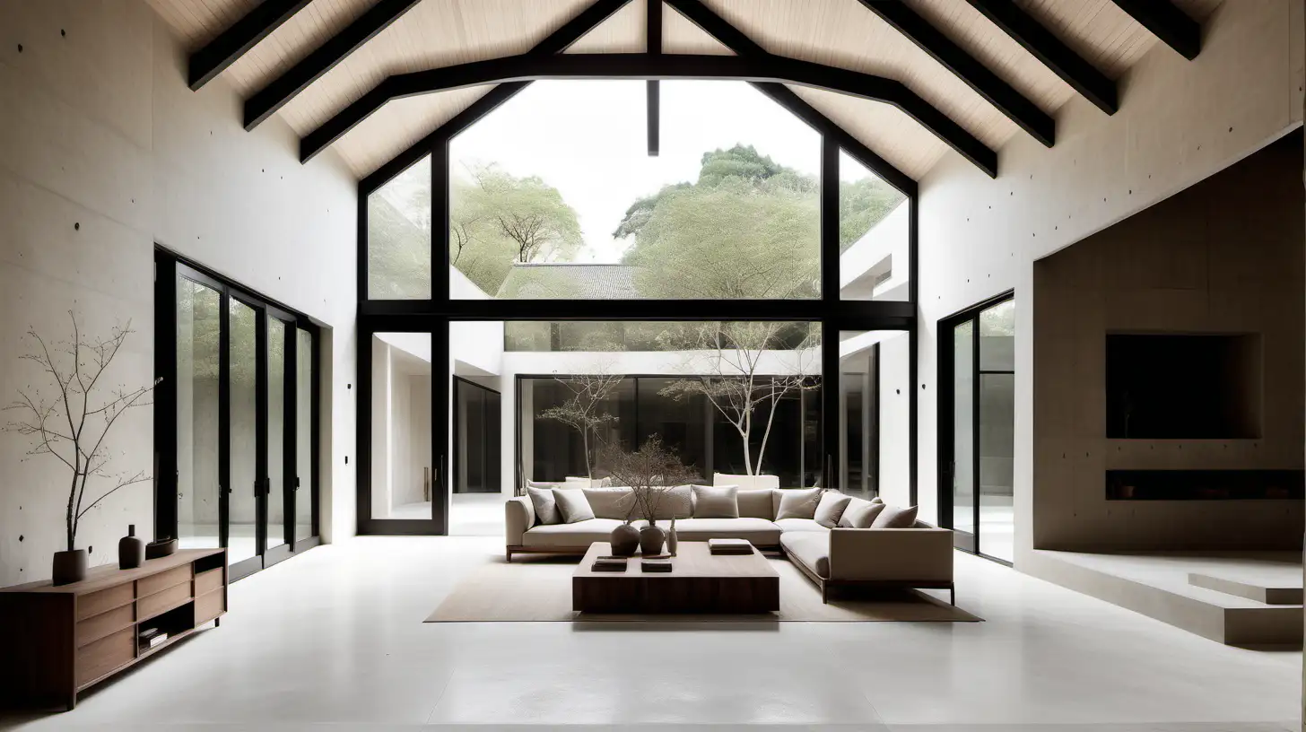 a minimalist organic Japandi large home with double-height ceilings; walnut wood, Bauwerk limewash paint in Bone; limestone floor; 

