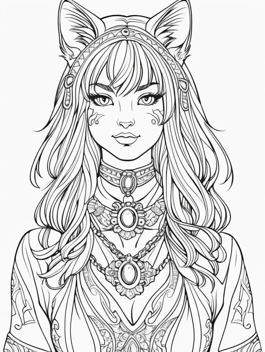 Adult Coloring Page Girl with Cat in Stylish Costume